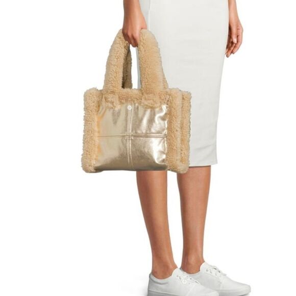 Metallic Shiny Gold Square Grid Cream Shearling Trimmed Fall Winter Tote Bag - Picture 1 of 16